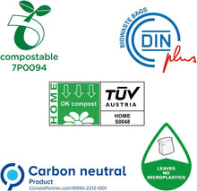 Charger l&#39;image dans la galerie, Certification logos for compostable and biodegradable waste bags, including TÜV Austria and carbon neutral labels.