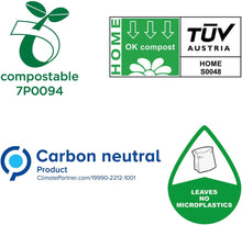 Cargar imagen en el visor de la galería, Logos showing compostable certification, TÜV Austria, carbon neutral product, and microplastics free assurance.