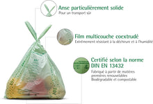 Laden Sie das Bild in den Galerie-Viewer, Sac poubelle compostable de 10 litres, solide, résistant à la déchirure, conforme à la norme DIN EN 13432.