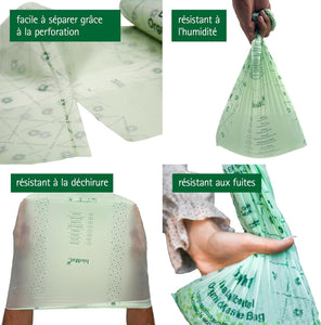 Images showing features of compostable trash bags: easy separation, moisture resistance, tear resistance, leak resistance.