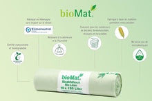 Charger l&#39;image dans la galerie, BioMat compostable bin liner roll, 10 bags of 120 liters, eco-friendly, certified biodegradable, made in Germany.