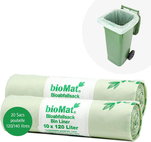 Lot de 20 sacs poubelle compostables bioMat de 120/140 litres, avec un conteneur de déchets vert.