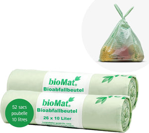 Sac poubelle compostable 10 litres, rouleaux de 26 sacs, bioMat, 52 sacs, dégradables pour déchets organiques.