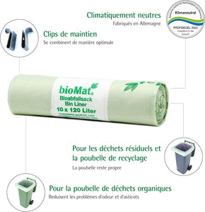 Rouleau de 10 sacs poubelle bioMat 120L, adaptés aux déchets organiques et recyclables, fabriqués en Allemagne.