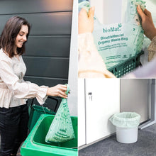 Load image into Gallery viewer, Image of a woman using a compostable 10L organic waste bag, highlighting eco-friendly waste disposal solutions.