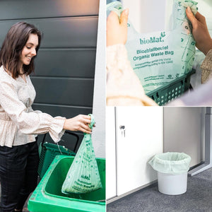 Image of a woman using a compostable 10L organic waste bag, highlighting eco-friendly waste disposal solutions.