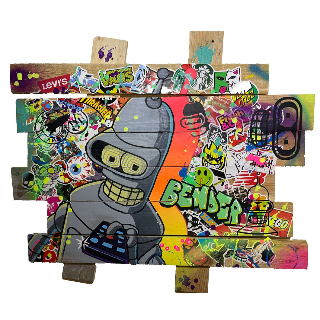 Tableau pop art Bender de Futurama sur bois de palette coloré, vibrant et dynamique, idéal pour les fans de la série.