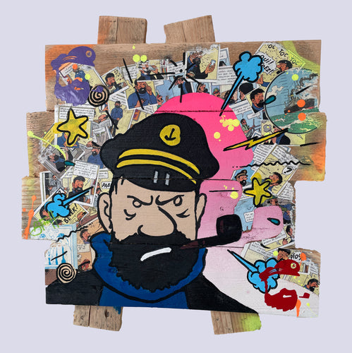 Tableau Pop Art représentant Capitaine Haddock sur bois recyclé, capturant son esprit dynamique avec des couleurs vives.