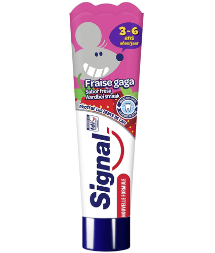 Tube de dentifrice Signal pour enfants, goût fraise, spécial dents de lait, 3-6 ans, protection contre les caries.