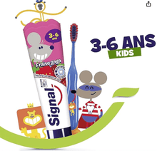 Charger l&#39;image dans la galerie, Tube de dentifrice Signal pour enfants, goût fraise, spécial dents de lait, 3-6 ans, protection contre les caries.