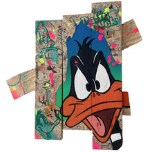 Cargar imagen en el visor de la galería, Contemporary pop art interpretation of Daffy Duck on wooden panels with vibrant colors and mixed media techniques.