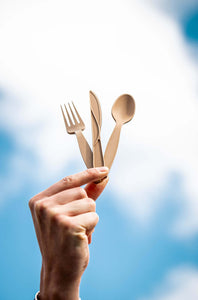 Hand holding biodegradable fork, knife, and spoon against a blue sky backdrop.