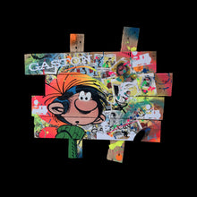 Charger l&#39;image dans la galerie, Vibrant pop art depicting Gaston Lagaffe on wooden planks, showcasing chaos and color in a unique style.