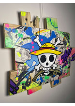 Cargar imagen en el visor de la galería, Pop art wooden wall art featuring One Piece logo with vibrant colors, made from comics, acrylic paint, and matte varnish.