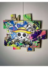 Laden Sie das Bild in den Galerie-Viewer, Pop art tableau of One Piece logo on custom pallet wood, featuring vibrant colors, comics, and acrylics with matte varnish finish.