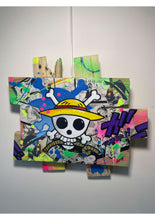 Charger l&#39;image dans la galerie, Pop art piece featuring the One Piece logo on customized wooden pallet with vibrant colors, comic strips, and acrylic accents.