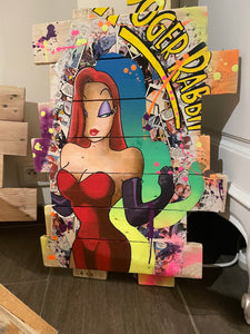 Tableau Pop Art Jessica Rabbit sur bois recyclé, vibrant et détaillé, inspiré de Roger Rabbit.