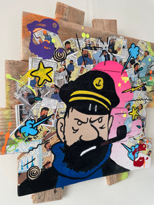 Tableau Pop Art du Capitaine Haddock sur bois recyclé, mettant en avant des éléments colorés et des bandes dessinées.