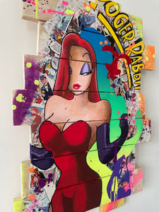 Tableau Pop Art de Jessica Rabbit en bois recyclé, vibrant et coloré, hommage à l'icône de Roger Rabbit.