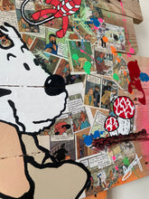 Charger l&#39;image dans la galerie, Tableau pop art Tintin et Milou, œuvre colorée sur bois recyclé, avec illustrations de bandes dessinées et détails artistiques.