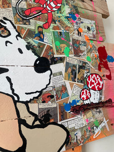 Tableau pop art Tintin et Milou, œuvre colorée sur bois recyclé, avec illustrations de bandes dessinées et détails artistiques.