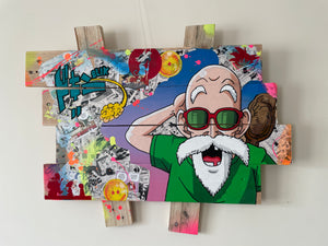 Colorful pop art of Tortue Géniale from Dragon Ball on recycled wooden palette, capturing his playful essence.