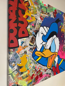 Tableau Pop Art Donald Duck par Vincent STREIFF, riche en couleurs vives et stickers ludiques.