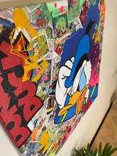 Load image into Gallery viewer, Pop Art painting of Donald Duck with vibrant colors and stickers, showcasing dynamic styles and playful aesthetics.