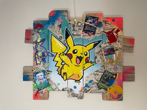 Pikachu pop art on recycled wood palette, showcasing vibrant colors and playful design.