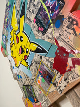 Carica l&#39;immagine nel visualizzatore di Gallery, Colorful pop art featuring Pikachu with comic book backgrounds and bold acrylic accents on recycled wood.