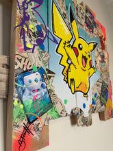 Load image into Gallery viewer, Pikachu pop art on recycled wood, featuring vibrant colors and playful details, capturing the essence of the iconic Pokémon.