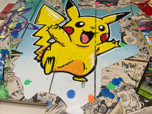 Load image into Gallery viewer, Colorful Tableau Pop Art Pikachu on recycled wood, showcasing vibrant details and playful energy.