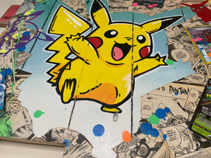 Colorful Tableau Pop Art Pikachu on recycled wood, showcasing vibrant details and playful energy.