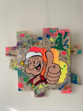 Cargar imagen en el visor de la galería, Tableau en bois recyclé représentant Popeye dans un style pop art, avec couleurs vives et peinture acrylique.