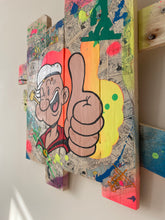 Carica l&#39;immagine nel visualizzatore di Gallery, Tableau Pop Art représentant Popeye sur bois recyclé, avec couleurs vives et touches d&#39;acrylique.