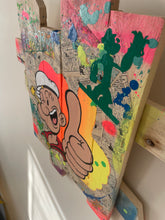 Cargar imagen en el visor de la galería, Colorful pop art wood panel featuring Popeye character with vibrant paints and recycled materials.