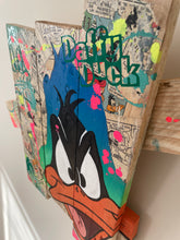 Load image into Gallery viewer, Contemporary pop art tableau of Daffy Duck on wooden palette boards with vibrant colors and acrylic paint.