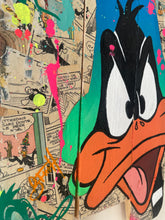 Load image into Gallery viewer, Contemporary pop art tableau featuring a vibrant Daffy Duck on wood panels with dynamic colors and comic elements.