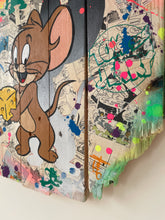 Load image into Gallery viewer, Original Pop Art tableau of Jerry the mouse from Tom and Jerry, made from palette wood with colorful accents.