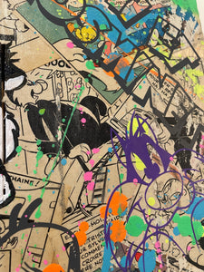 Tableau Pop Art TITI et Grosminet, détail coloré avec graffiti et personnages emblématiques, art vibrant et recyclé.