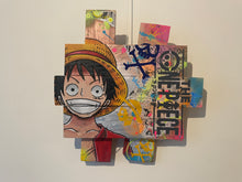 Load image into Gallery viewer, Tableau POP Art One Piece featuring Monkey D. Luffy on textured wooden panels with vibrant colors.