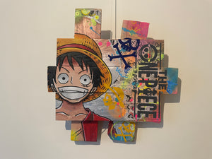 Tableau POP Art One Piece featuring Monkey D. Luffy on textured wooden panels with vibrant colors.