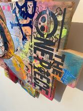 Load image into Gallery viewer, Tableau POP Art One Piece featuring Monkey D. Luffy on textured palette wood with vibrant colors and graffiti style.