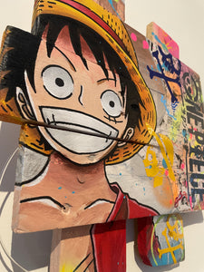 Tableau POP Art One Piece featuring Monkey D. Luffy on a textured wood canvas with vibrant colors.