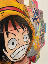 Load image into Gallery viewer, Tableau POP Art One Piece featuring Monkey D. Luffy on textured wooden panels with vibrant colors.