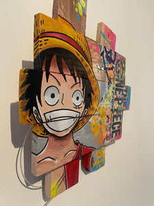 Tableau POP Art One Piece featuring Monkey D. Luffy on rustic wooden panels with vibrant colors.