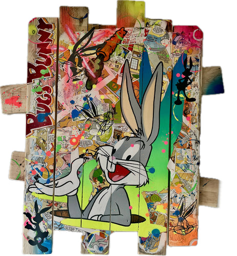 Tableau Pop Art de Bugs Bunny sur bois, œuvre unique signée Vincent Streiff, couleurs vives et texture authentique.