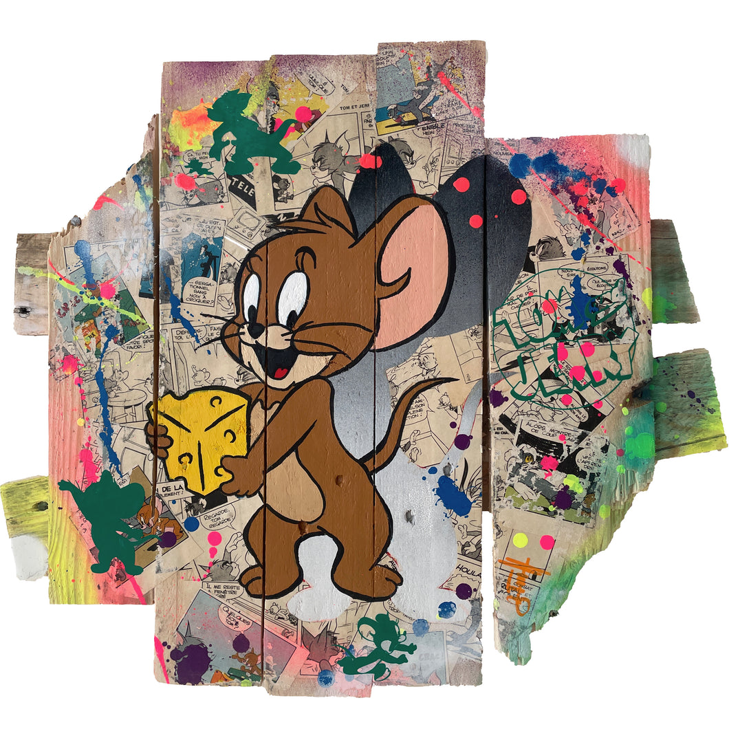 Tableau Tom et Jerry avec Jerry tenant un morceau de fromage, style Pop Art sur plans de palette.