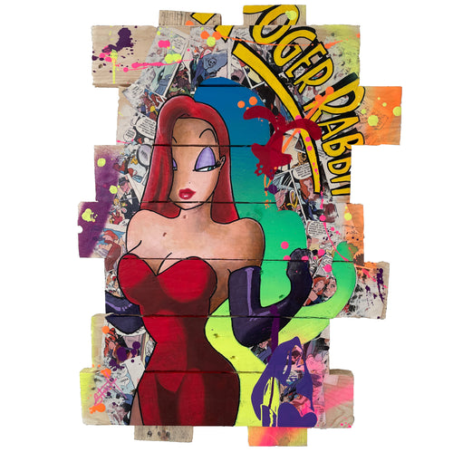 Tableau artisanal en bois recyclé représentant Jessica Rabbit dans un style pop art coloré et captivant.