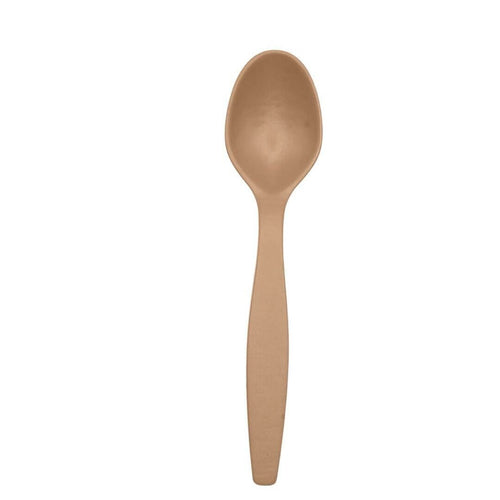 Petite cuillère biosourcée réutilisable de 11 cm, solide et lisse, idéale pour desserts, couleur beige.